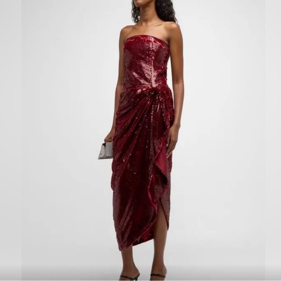 Cinq à Sept Shea Sequin Draped High-Low Gown - Oxblood, Size 4 - Picture 3 of 7